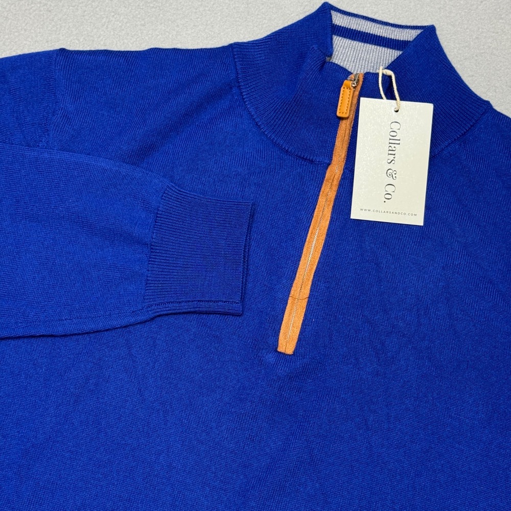 COLLARS & CO Australian Merino Wool 1/4 Zip Mens Medium Blue Orange Trim NWT